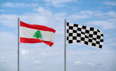 Checkered racing and Lebanon flags, country relationship concept