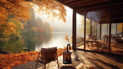 Serene lakeside coffee retreat in autumn. Ai generated
