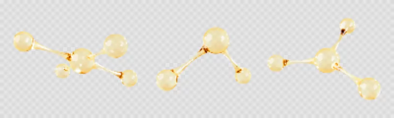 Fotobehang Set of gold oil molecule. 3D abstract molecular structures isolated on transparent background. Beauty science skincare molecular concept. Vector 3d illustration © Vector_Artist