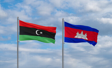 Cambodia and Libya flags, country relationship concept