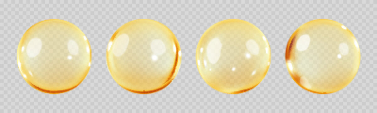 Gold oil bubbles isolated on transparent background. Cosmetic vitamin capsule or omega 3 oil capsule. Serum of collagen essence. Cosmetic and personal care concept. Vector realistic