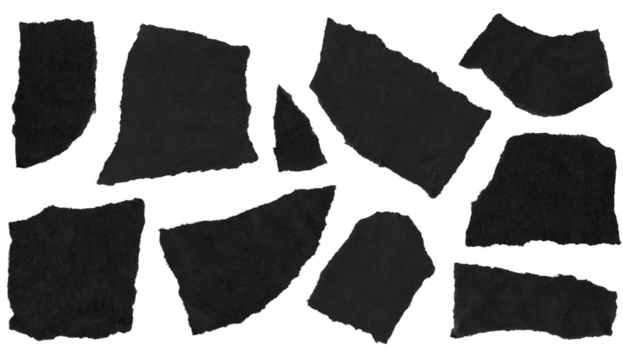 torn and ripped paper pieces frames with jagged edges from black paper in Y2K retro style, png isolated cardboard objects of various shapes