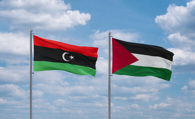 Palestine and Libya flags, country relationship concept