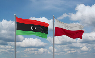 Poland and Libya flags, country relationship concept