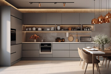 Kitchen design concept featuring minimalist modern style, Gray color scheme.