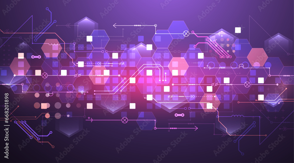 Aufkleber Abstract circuit board and hexagons on gradient color background. Hi-tech digital technology concept.