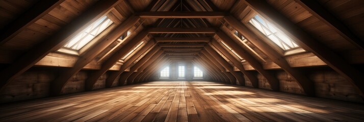 Attic floor ceiling made of wood realistic, Banner.