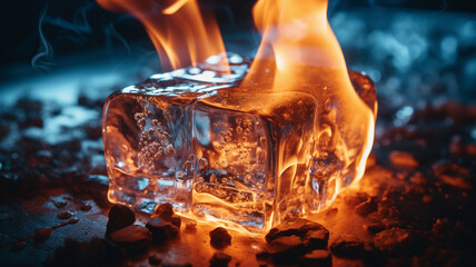 The ice cube glows brightly as it succumbs to a fervent flame, its crystalline structure delicately melting amidst the fiery embrace.