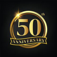 50th golden anniversary logo,with Laurel Wreath and gold ribbon Vector Illustration - obrazy, fototapety, plakaty