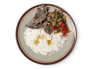 Nasi campur iga and tempe, mixed rice served with beef ribs, tempeh and chili sauce