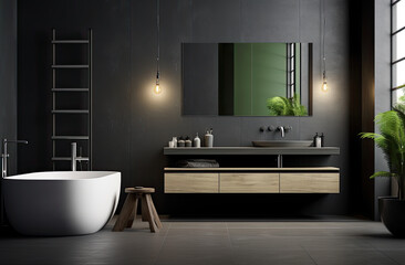 Fototapeta na wymiar bathroom concept with light colored walls and black bathroom sink