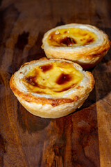 Portugal's traditional sweet dessert Pastel de nata egg custard tart pastry in cup