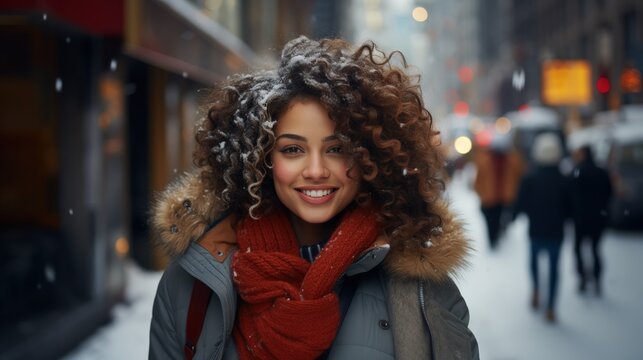 portrait of a beautiful mixed race woman with curly hair  in the city