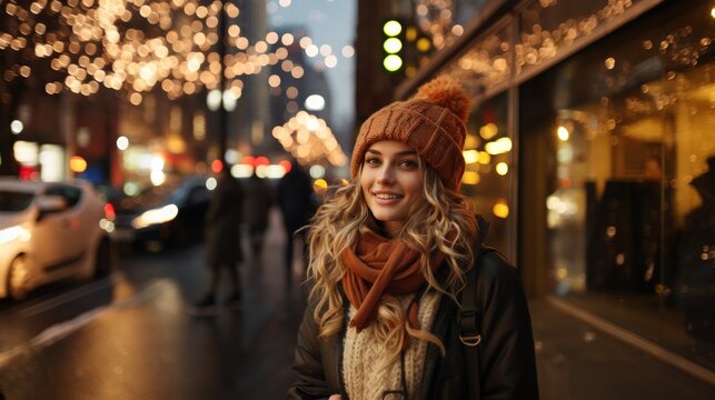 Beautiful woman on the street. Winter and Christmas time