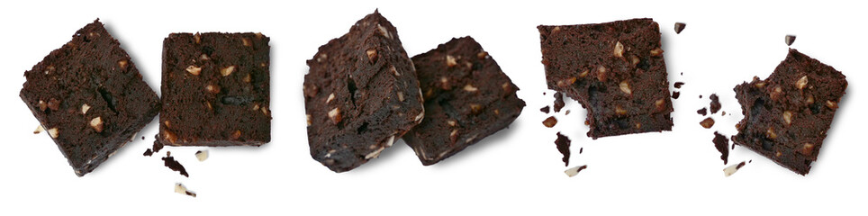 Set collection pieces of fresh delicious chocolate and almond nut brownies, cut out isolated on...