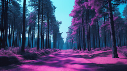 The road to the coniferous forest, bright juicy colors, rainbow iridescence. Generative AI