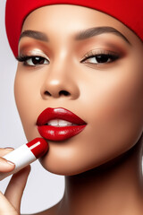 A beautiful .black european model poses with a stick of lipstick in a Christmas theme, perfect for your high quality advertising and printing projects.