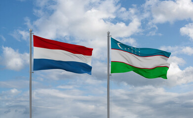 Uzbekistan and Luxembourg flags, country relationship concept