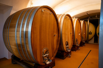 Wooden barrels. Production of cremant sparkling wine in south part of Luxembourg country on bank of Moezel, also known as Mosel, Moselle or Musel river.