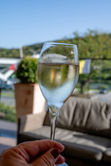 WIne tasting. Production of cremant sparkling wine in south part of Luxembourg country on bank of Moezel, also known as Mosel, Moselle or Musel river.
