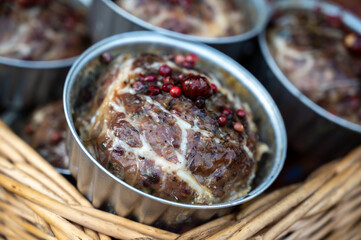 French food, artisan oven baked meat terrine, pate from pork on weekly marken in Belgian Durbuy small town