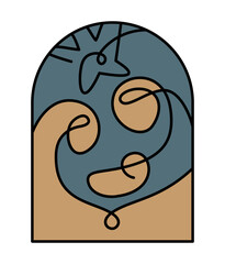 Color Christmas Vector Christian icon baby Jesus with Mary and Joseph with star. Religious Nativity Scene of Logo illustration. Doodle hand drawn isolated