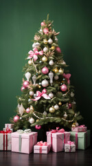 Christmas tree with gifts on wooden floor against green chalkboard, closeup