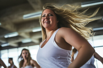 Joyful overweight women dance at a group sports class. Body positivity.