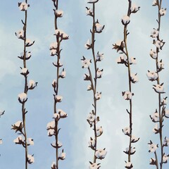 Pattern seamless cotton branches. Watercolor blue background 