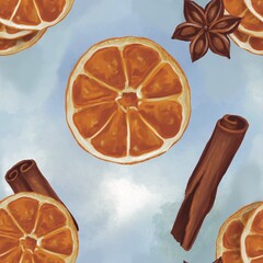 Pattern with dried oranges and cinnamon. Watercolor blue background 