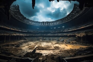 Center court of a torn down post apocalyptic football arena, Damage caused by war. - obrazy, fototapety, plakaty