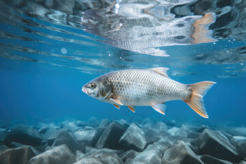 Fototapeta premium Common roach in fresh water. Fish in its natural habitat. Underwater image of a small fish.