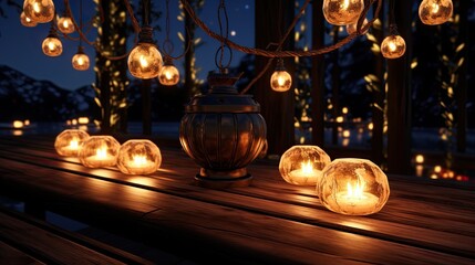 outdoor terrace with lights at night.