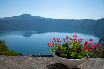 Castel Gandolfo, view on green Alban hills overlooking volcanic crater lake Albano, Castelli...
