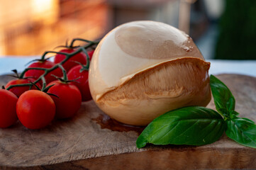 Ball of smoked Italian soft cheese Mozzarella di Bufala Campana served with fresh green basil and red sicilian tomatoes