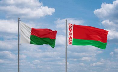 Belarus and Madagascar flags, country relationship concept