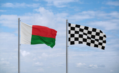 Checkered racing and Madagascar flags, country relationship concept