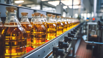 Juice in glass bottles on conveyor belt at beverage plant, Industrial manufacturing production line.