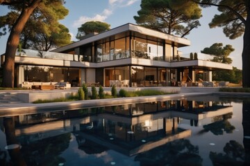 Fototapeta na wymiar House building Exterior and interior design showing tropical pool villa with green garden.