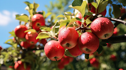 Obraz premium red apples growing on an orchard in a field