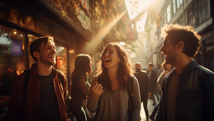 group of friends smiling while walking down a street on their vacation