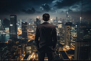 Fototapeta na wymiar A business man in a suit stands with his back looking out at the colorful cityscape. at night