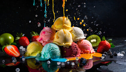Ice cream scoops on black background, tasty gelato | Ai generated	
