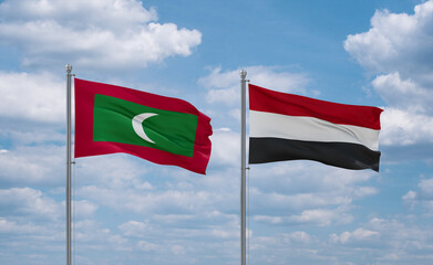Yemen and Maldives flags, country relationship concept