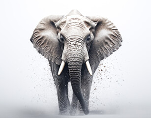 Photo of a wild elephant, big ears, beautiful ivory, walking on a white background. For art texture, presentation design or web design and web background. Generative ai