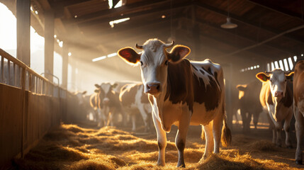 In the morning sun, cows standing inside a large village cowshed and a lot of clean hay are seen on the ground