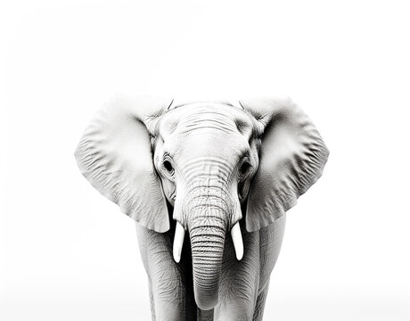 Close-up photo of a wild elephant, beautiful ivory, large ears, on a white background. For art texture, presentation design or web design and web background. Generative ai