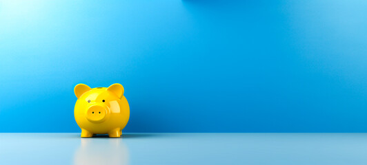 Yellow piggy bank in the corner of a room, blue wall, For art texture, presentation design or web design and web background. Generative AI.