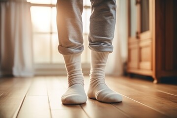 Apartment cold. Man in warm socks is standing on the floor - obrazy, fototapety, plakaty