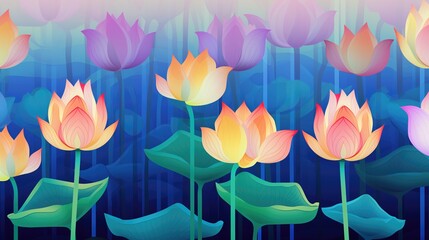 Sacred and timeless beauty of Lotus flowers with waterlily pads floating in a garden pond, colorful painting illustration, re-imagined dreamy surreal flowing swirls, out of the ordinary petal colors.